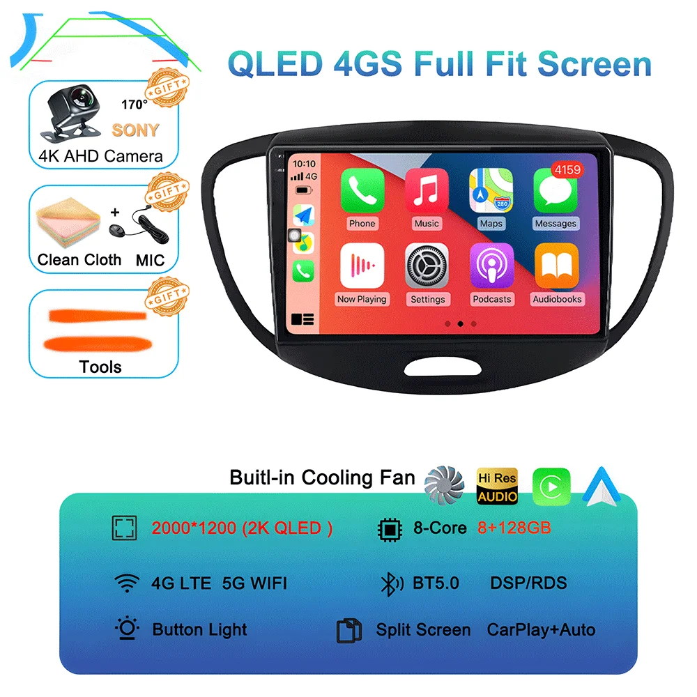 Android 16 Carplay Auto autoradio voor Hyundai I10 2007 - 2013 CarPlay Auto GPS Recorder Multimedia videospeler 4G+WiFi DSP
