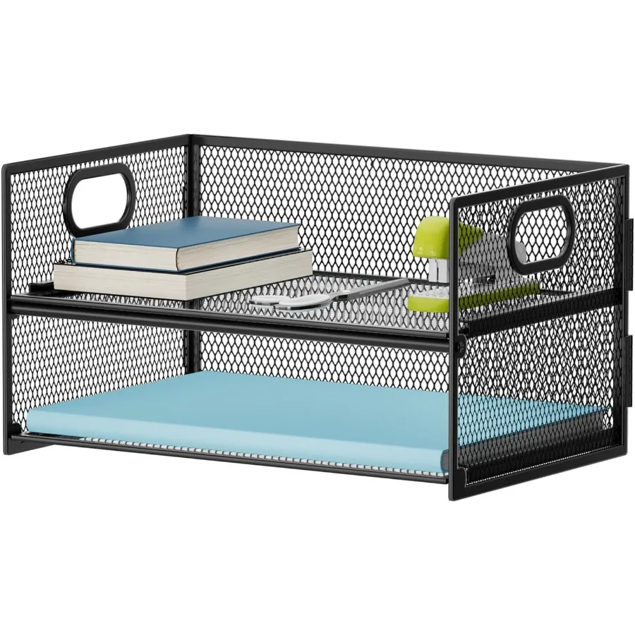 2 Tier Paper Organizer with Handle for Home Office Desk - Mesh File Organizer and Letter Tray for Efficient Document Sorting an