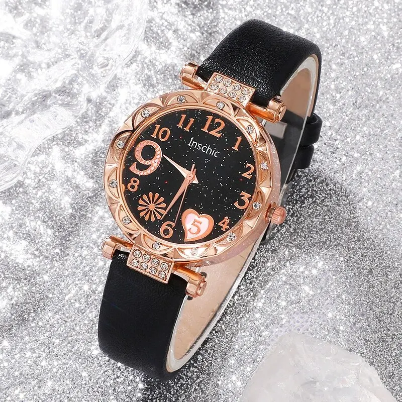 3PCS Set Women Watches Heart Dial Design Watch Black Leather Band Ladies Watches Simple Casual Quartz Wristwatches Female Clock