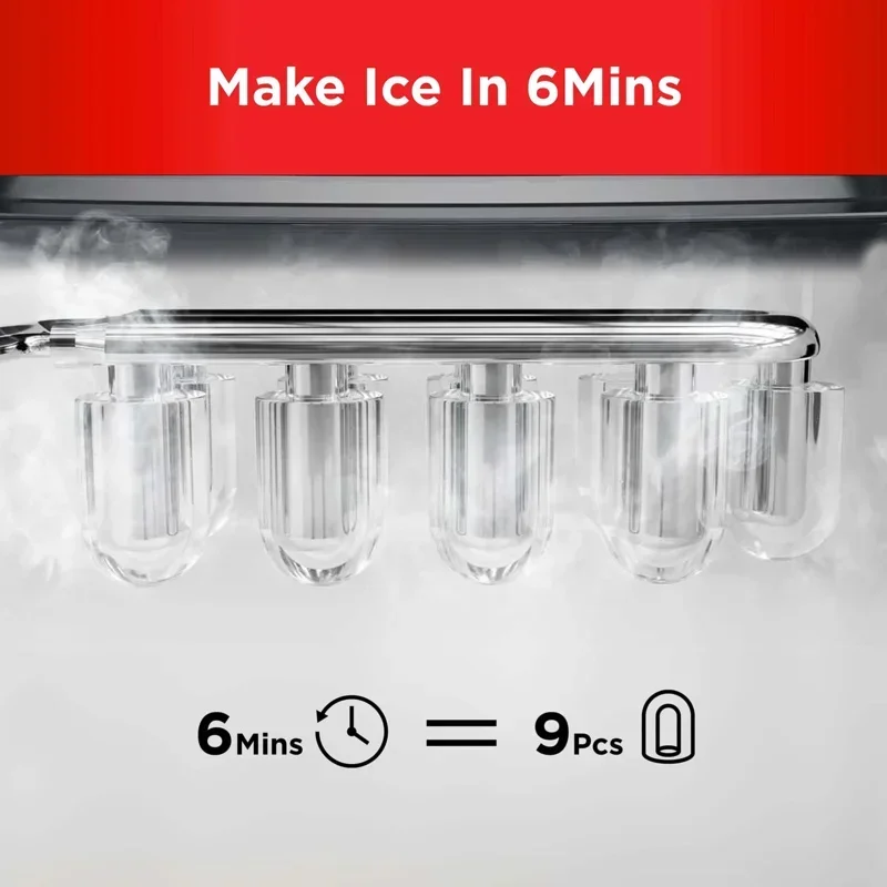 QWQWSilonn Ice Makers Countertop,9 Cubes Ready in 6 Mins,26lbs in 24Hrs,Self-Cleaning Ice Machine with Ice Scoop and Basket,Red