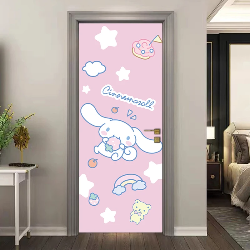 Sanrio Cinnamoroll Cartoon Door Stickers Whole Door Wrap Vinyl PVC Waterproof Self-adhesive Home Decor Elevator Door Stickers