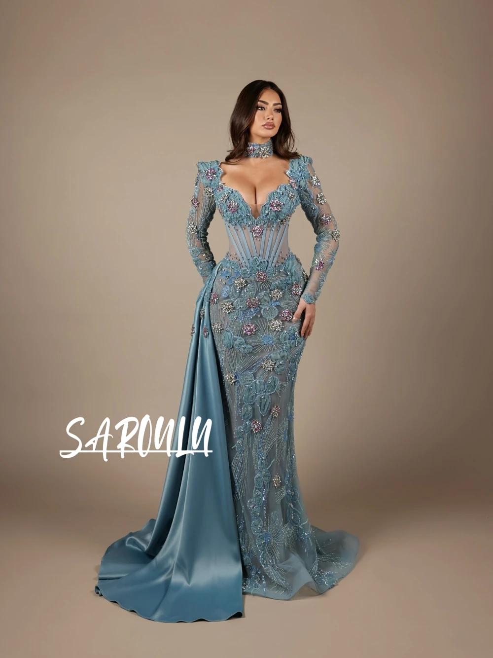 

Романтичное вечернее платье цвета бирюзы с цветочным декором, блестящее, с длинными рукавами, сетчатое, фасон «русалка», для выпускного вечера, официальных мероприятий, свадебных гостей, с шлейфом