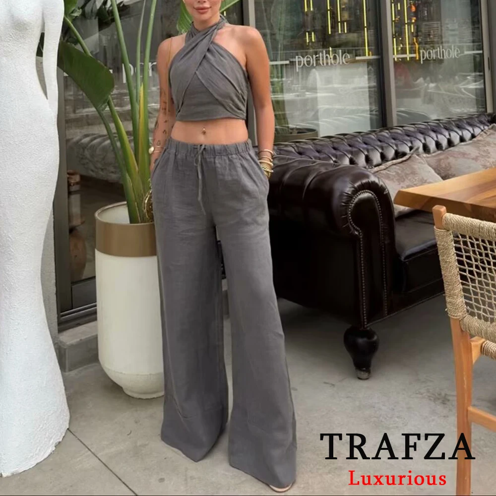 TRAFZA Streetwear Khaki Suits Women Sleeveless Halter Sexy Crop Tops Women+High Waist Wide Leg Pants Fashion 2024 Sets