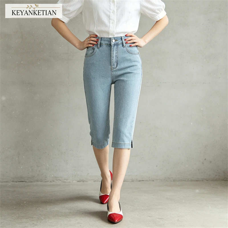 KEYANKETIAN 2026 High Waist Slim Fit Denim Capri Pants Side Slit Hem Women Washed Solid Color Summer Daily Casual Cropped Jeans