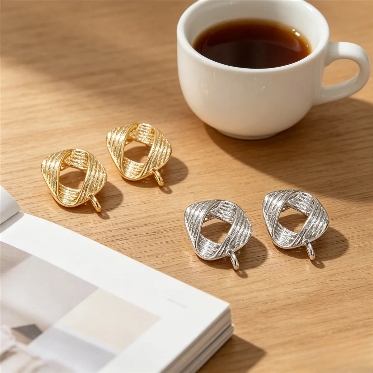 Brass Gold Plated Satin Textured Square Stud With Hanging Loop DIY Handmade Dangle Earring Jewelry Findings