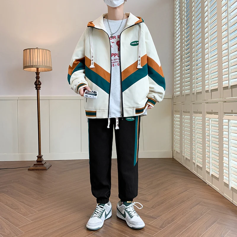 

Casual 2-Pieces Men's Sets Spring Autumn Hooded Jackets And Full-Length Pants Tracksuits Sports Outwear Cotton Coat & Jogger Set