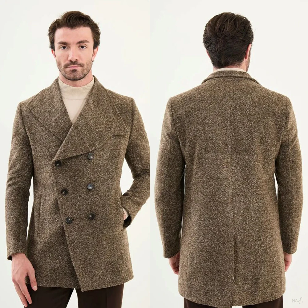معطف صوفي حديث طويل للرجال بلغت ذروتها معطف مزدوج الصدر بقصة ضيقة سترة عمل فقط مصنوعة حسب الطلب