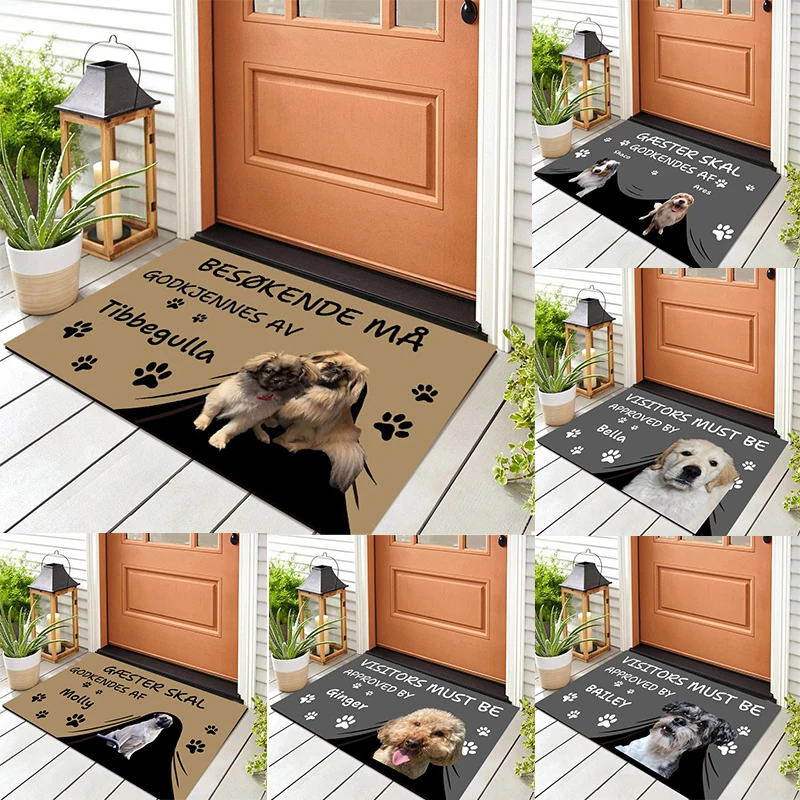 Personalized Dog Pattern Door Mat with Visitor Approval Text Non Slip Absorbent Outdoor Indoor Welcome Mat for Home Decor