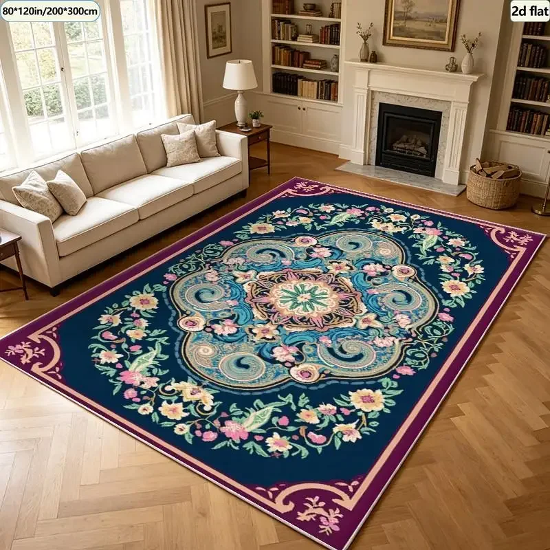 Vintage Oriental Floral Pattern Bohemian Style Carpet Washable Carpet Non-Slip Indoor Living Room Bedroom Home Floor Carpet