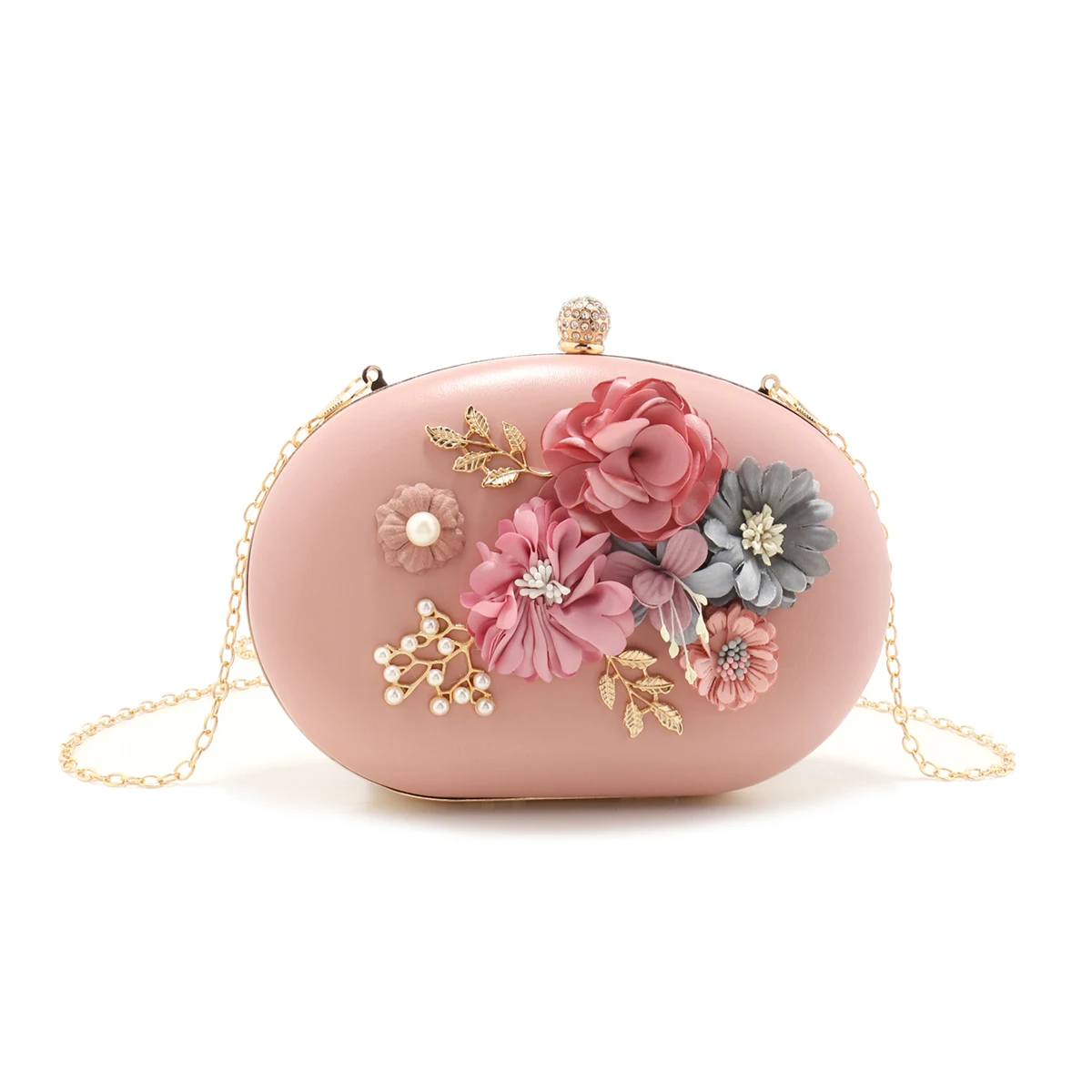 Pink Color Flower Cute Women Evening Bags Circular PU Fashion Diamonds Pearl Floral Glitter Handbags Metal Chain Shoulder Clutch