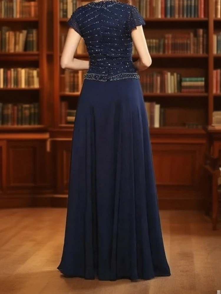 Robes mère de la mariée personnalisées bleu marine, ligne a, manches cape, perles en mousseline de soie, grande taille, longues robes de mère du marié pour mariage