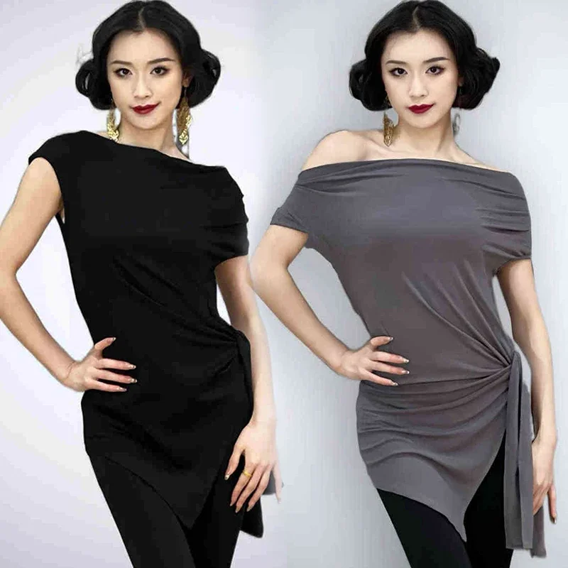 

Women Latin Dance Costume Adult Black Slanted Shoulder Tops Samba Short Sleeves Tops Rumba Professional Practice Clothes