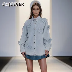 CHICEVER Solid Patchwork Appliques Denim Jackets For Women Lapel Long Sleeve Spliced Button Casual Loose Coats Female Spring New