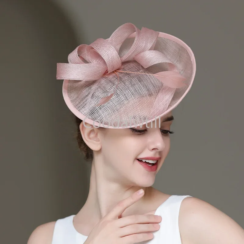 Women Elegant Evening Derby Headpiece Wedding Church Fascinator Hat Feather Fancy Flower Linen Chapeau Cap Hair Accessories