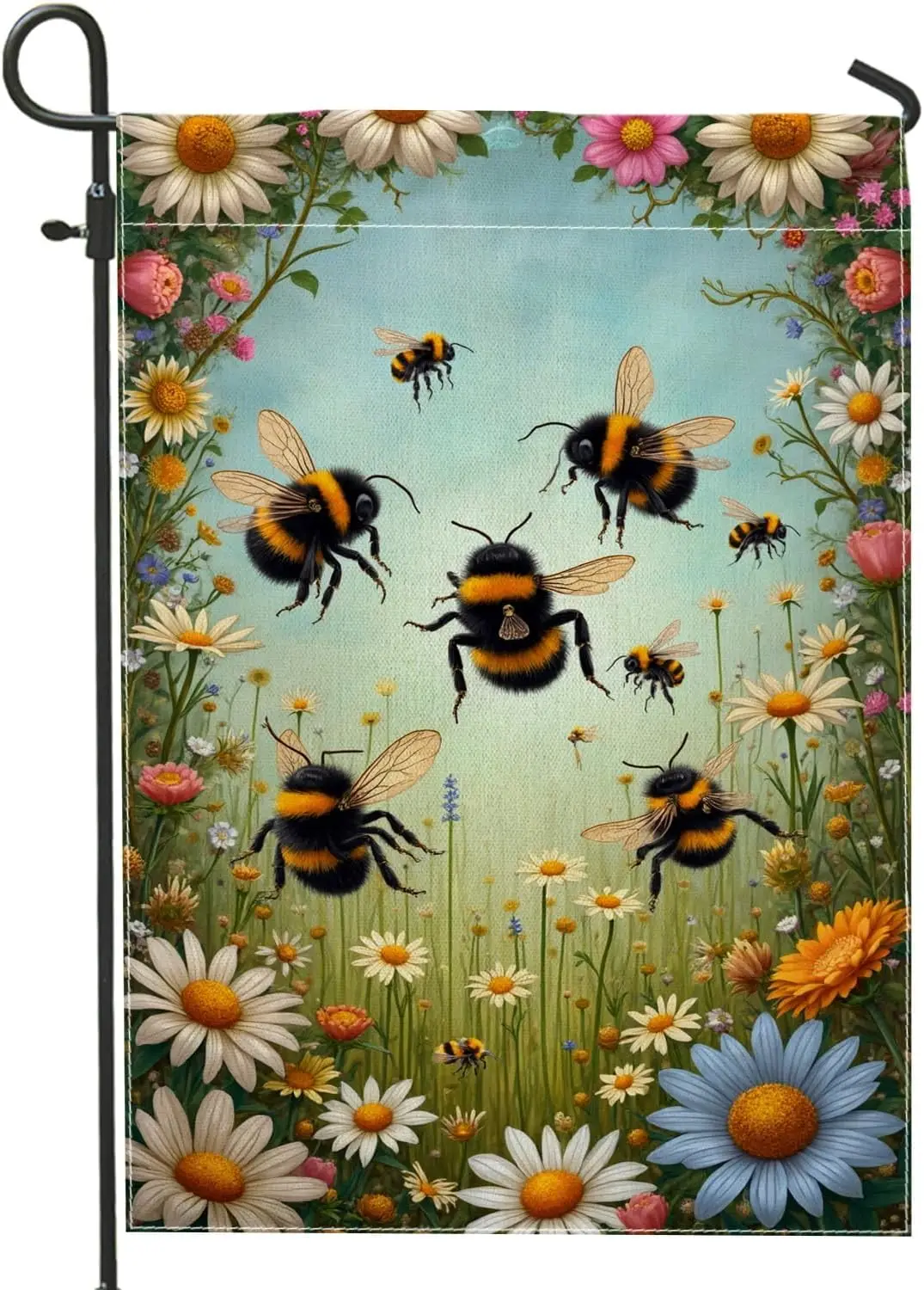 Spring Summer Bee Garden Flag, Colorful Floral Home Decor Banner, Double Sided Burlap Yard Flag Outdoor Lawn Decoration 12x1 yyi