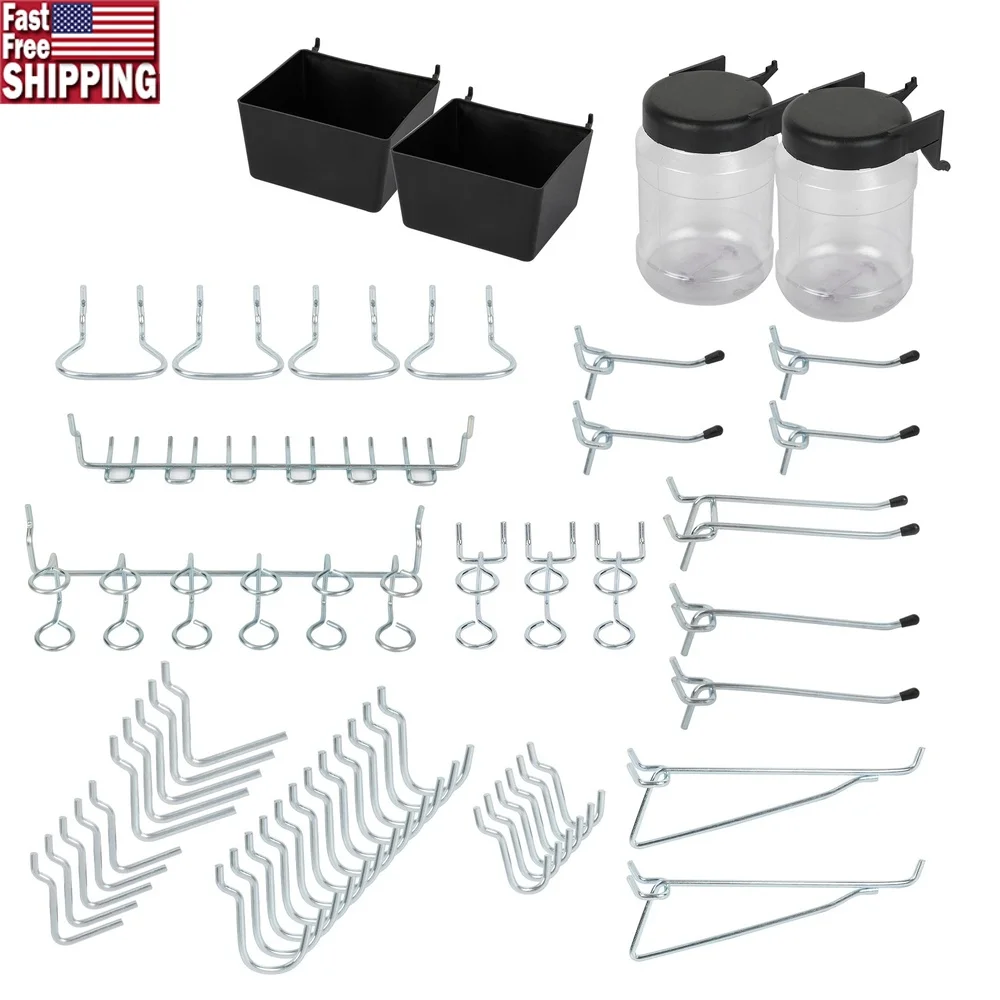 

Pegboard Hook Kit 50-Piece Zinc-Plated Steel Hooks Holders Storage Bins Peg Locks Easy Installation Garage Workshop Pantry