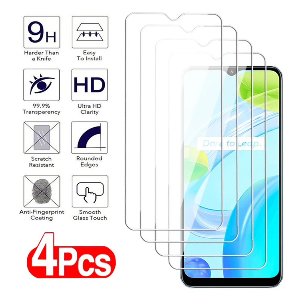 4Pcs Full Cover Tempered Glass For Realme C20 C21 C25 Screen Protector C30 C31 C33 C35 C51 C53 C55 Transparent Protective Film