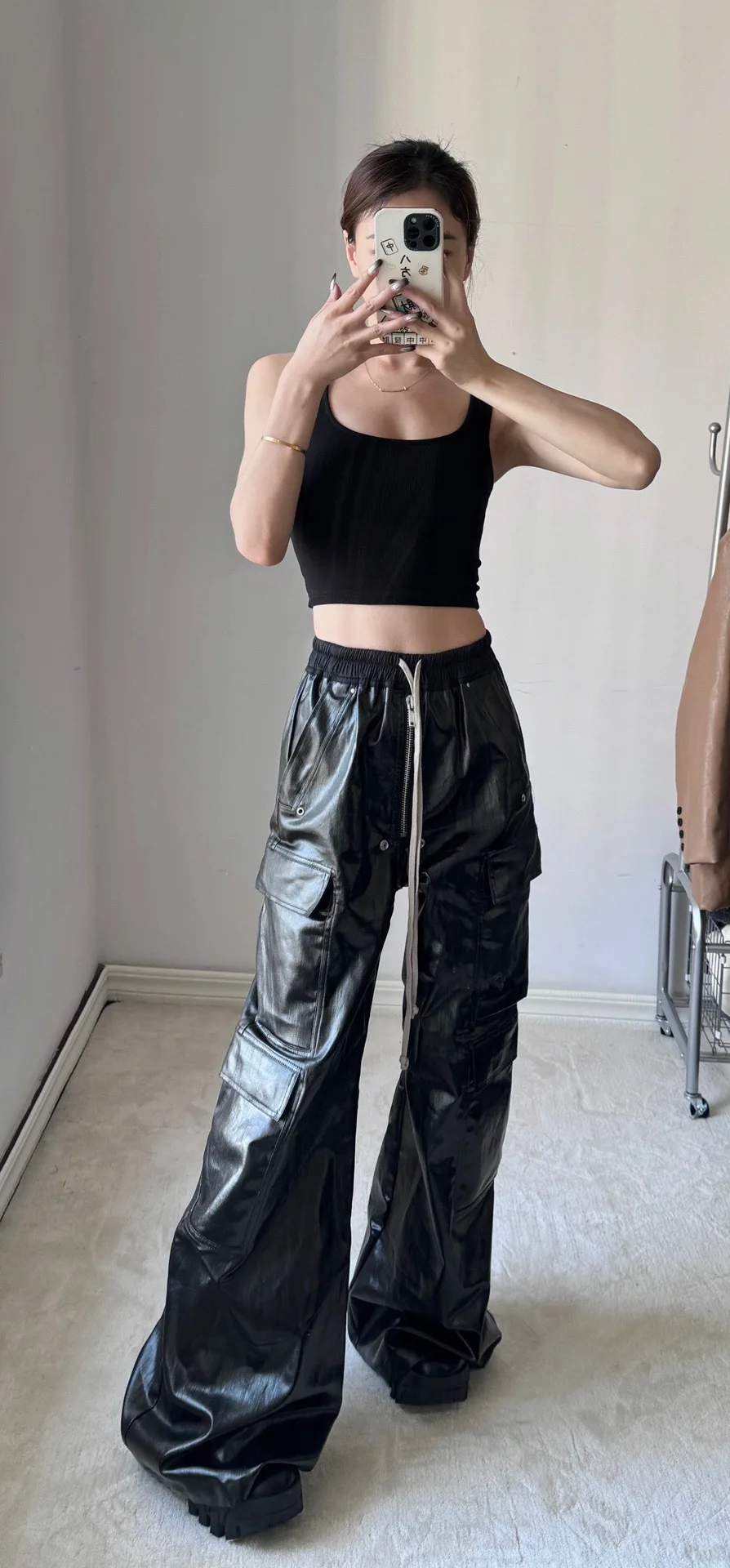 Rick Wide-leg Pants Y2K High Street Multi-pocket Owens Trouser Fashion Wax-coated Biker Slacks Streetwear Hip Hop RO Trousers