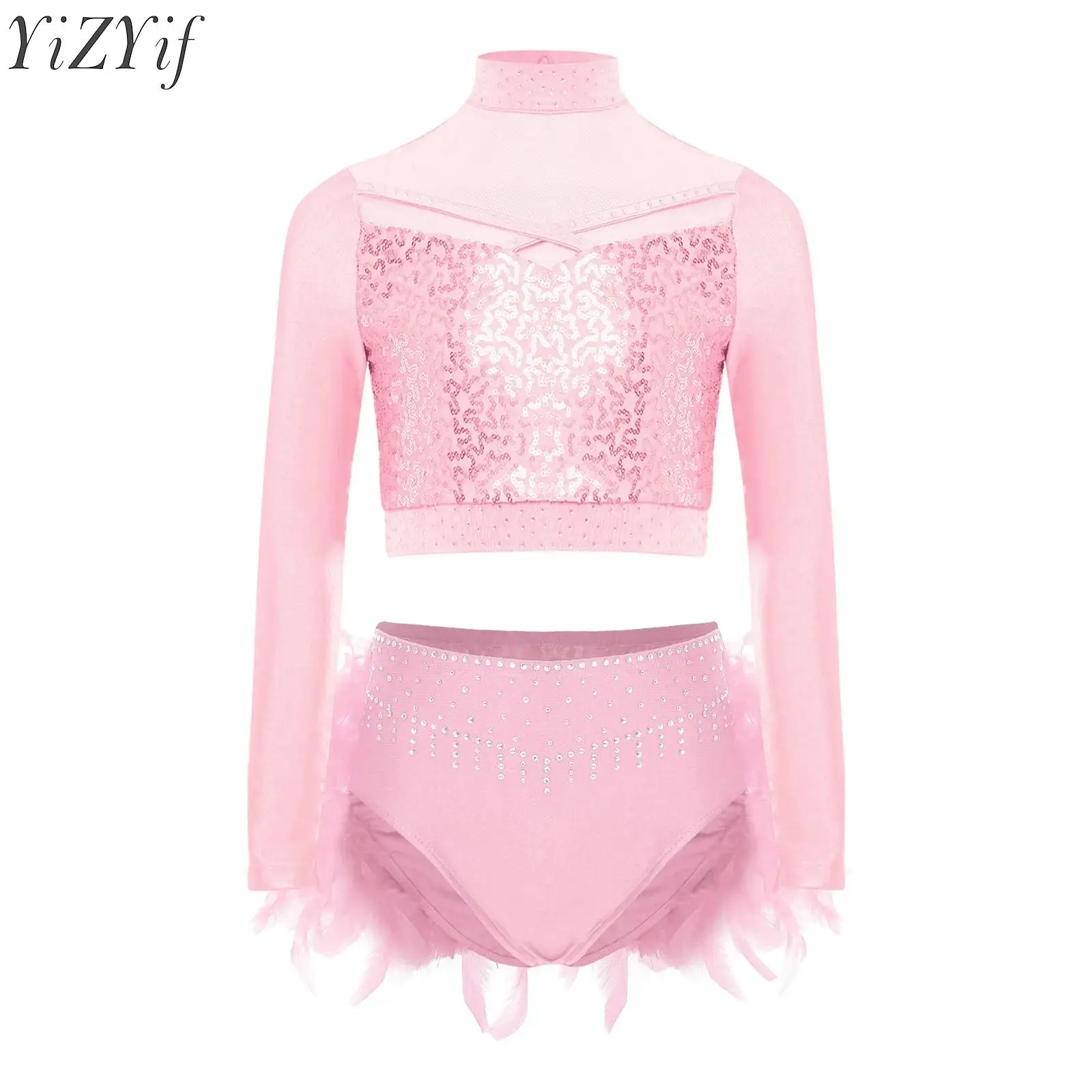Ballett-Tanzsets für Kinder und Mädchen, Performance-Kostüm, langärmliges Pailletten-Crop-Top mit Feder-Tanzhose, Outfits, Bühnentanzkleidung