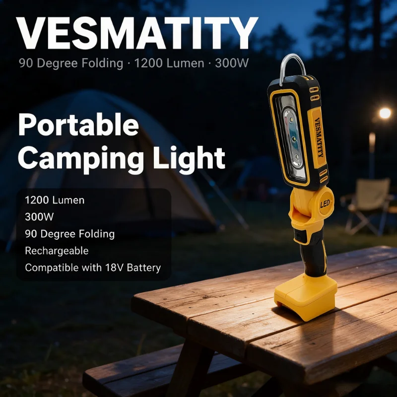 Rechargeable Folding LED Light 1200 Lumen 300W Portable Camping Work Light 90 Degree Tool Compatible with 18V Battery