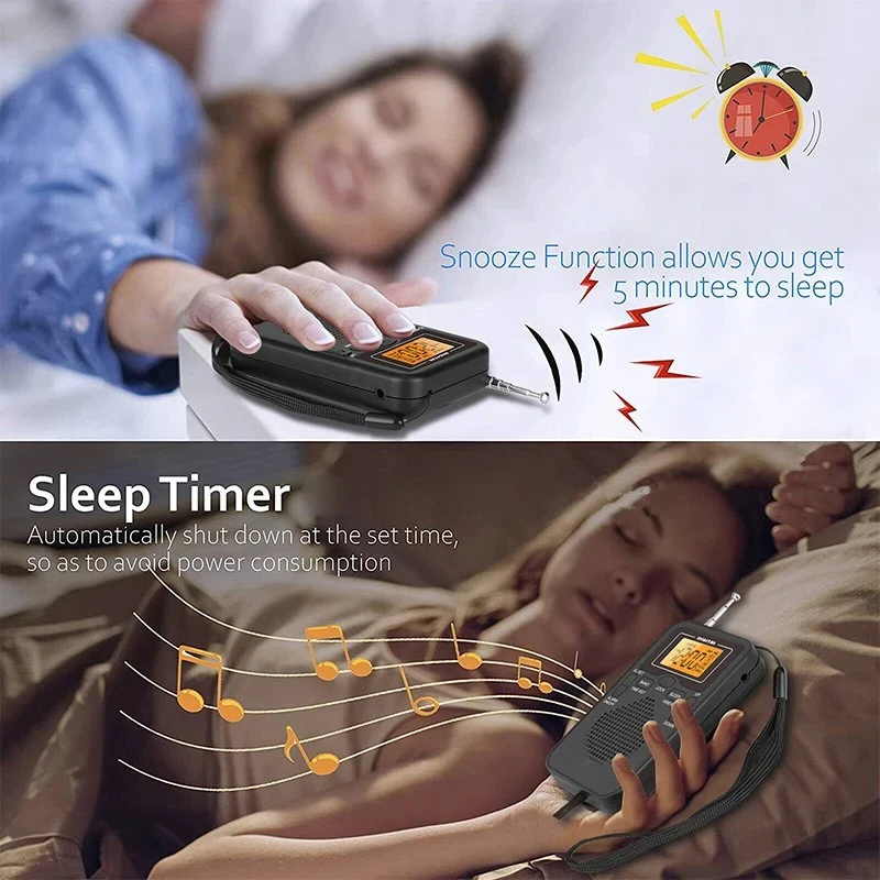 W-206 FM AM Radio portátil con batería auricular estéreo pantalla LCD despertador Digital temporizador de sueño Radio de uso de emergencia