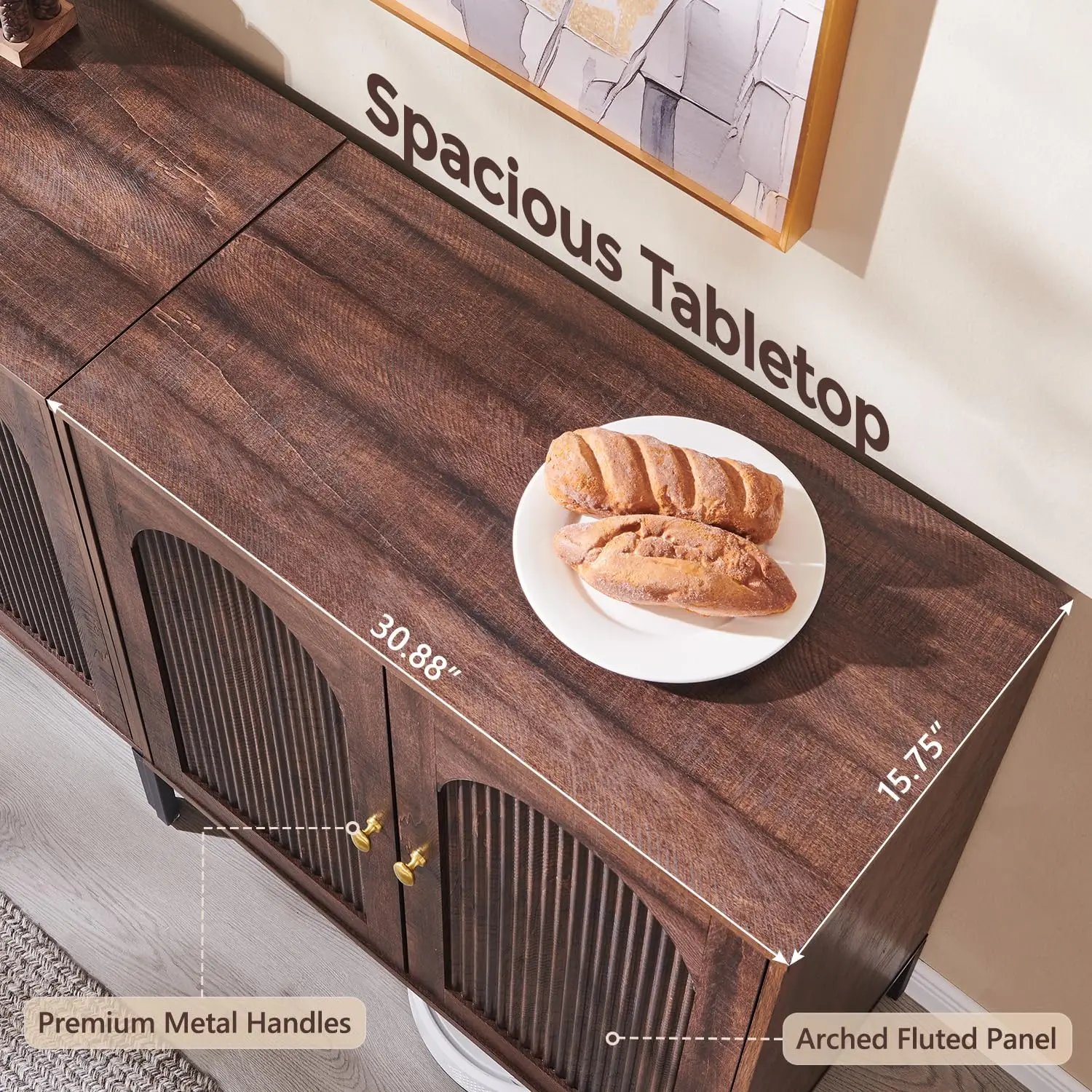34in Fluted Buffet Sideboard Adjustable Shelves Wooden Coffee Bar Cabinet Dining Kitchen Living Entryway Brown Customized