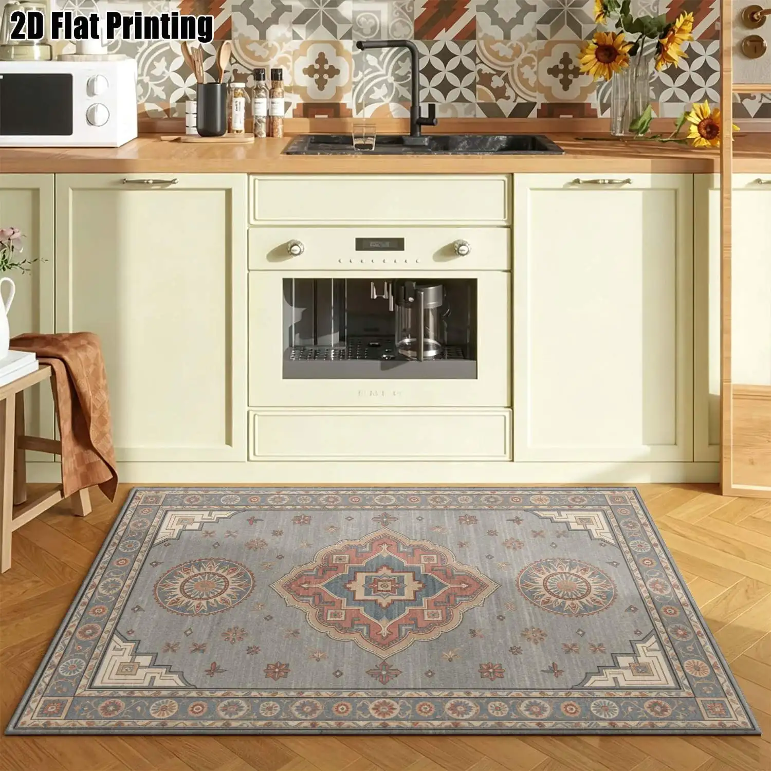 1Pc 2D Printed Blue-Grey Geometric Totem Carpet European/Retro/Bohemian/Modern Minimalist Style, Ideal for Home Decor, Available in Multiple Sizes, Machine Washable, Suitable for Living Room, Bedroom, Dining Room, Entryway, Study.