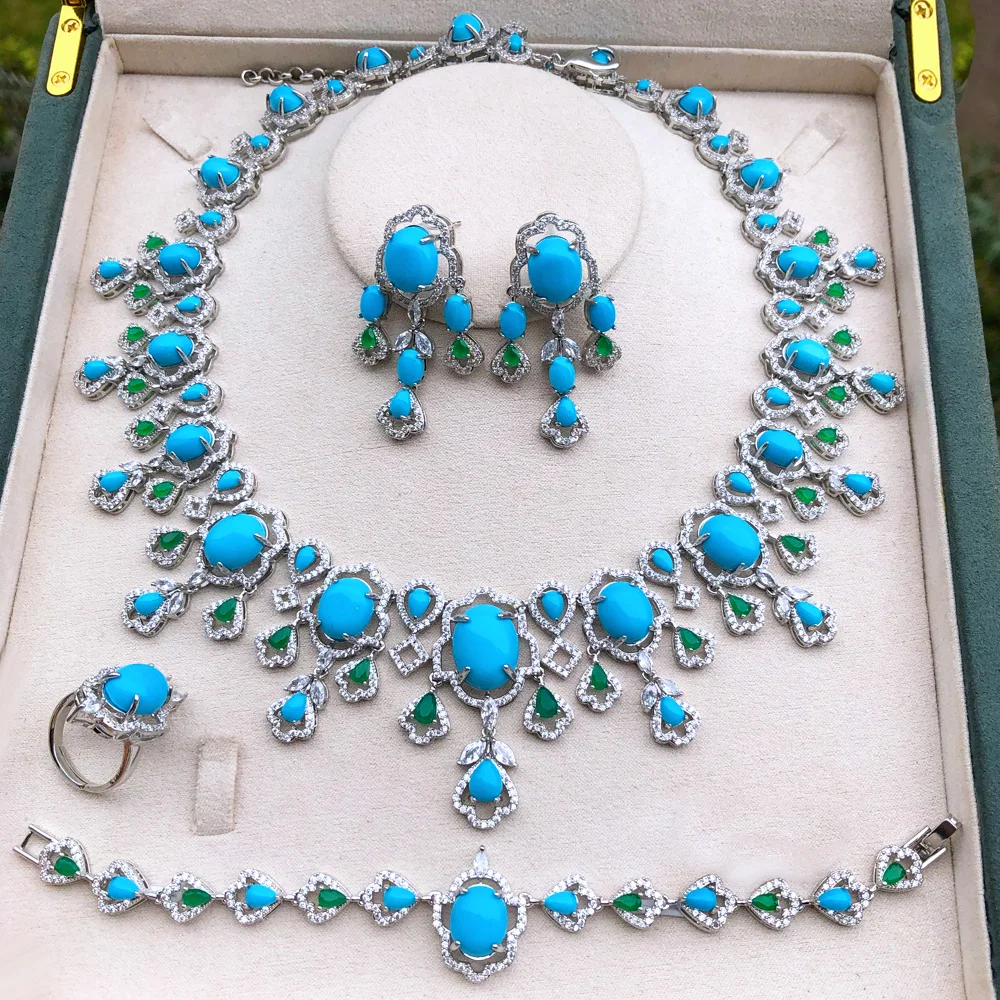 GODKI Trendy 4PCS Luxury Turquoise Statement Jewelry sets For Women Wedding Cubic Zircon Indian African Dubai Bridal Necklace