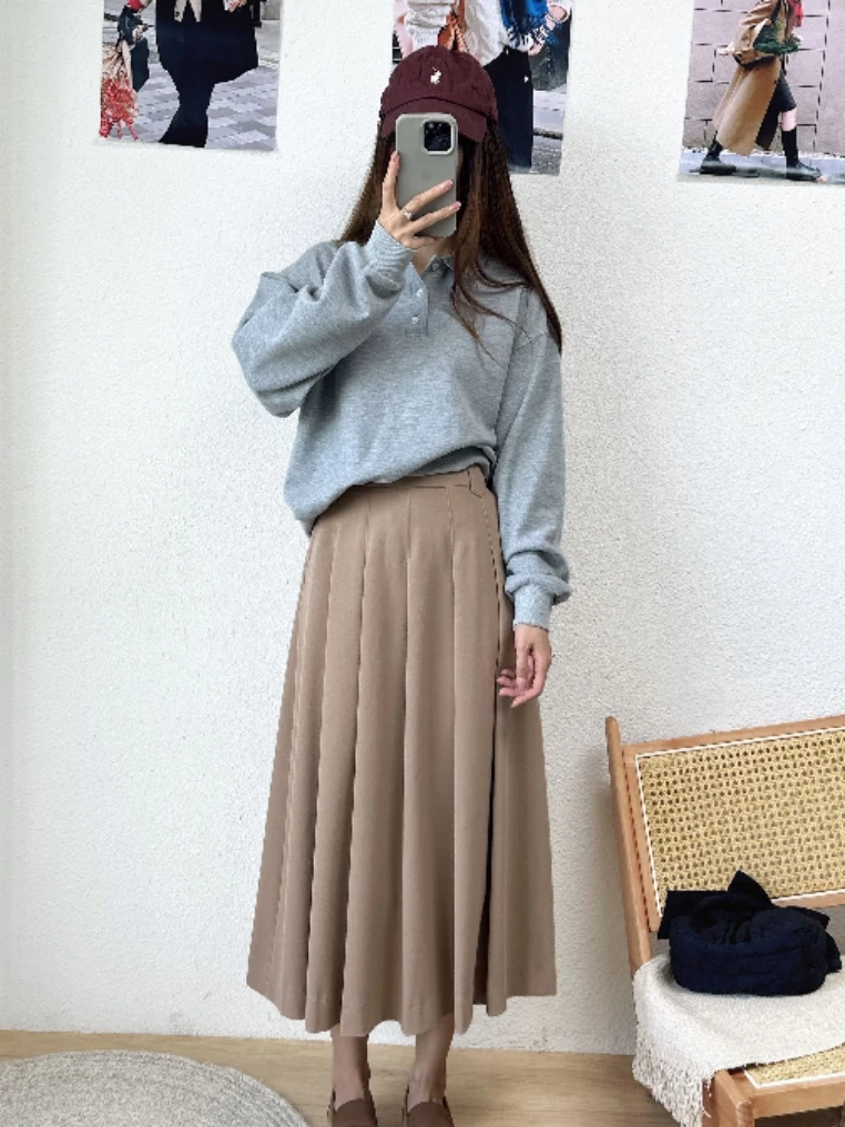 Casual High Waist Pleated Skirt Faionable Artistic Sle Slimming Versatile Korean Design Ci Commute Cotton f-length S...
