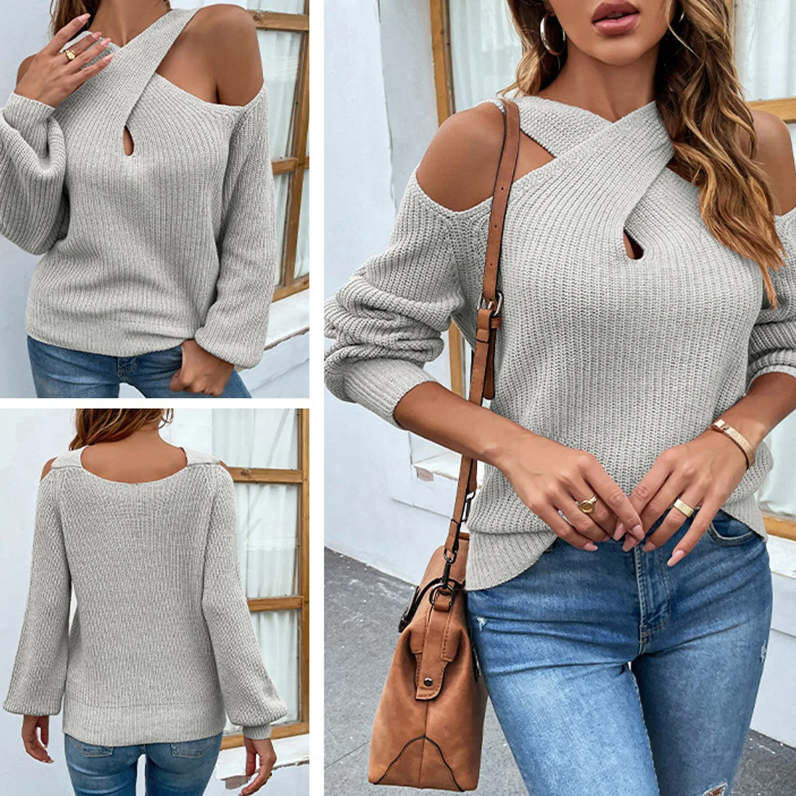 Women\'s autumn and winter solid color cross neck Leaky Shoulder hanging shoulder lantern sleeve knitted sweater Pullovers Winter