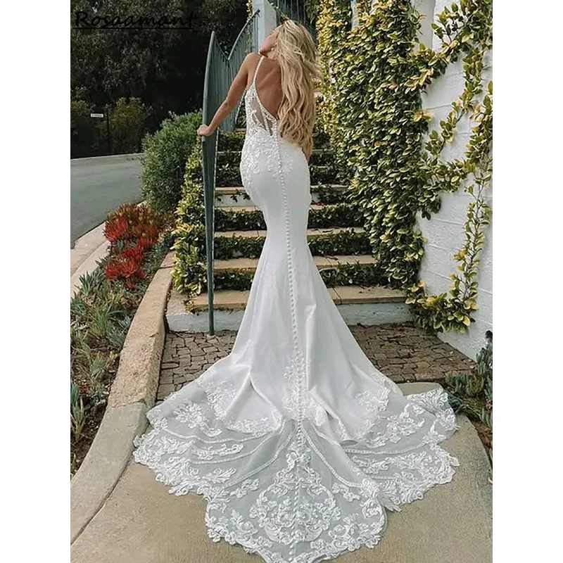 Romântico cintas de espaguete sem costas sereia vestidos de casamento ilusão manga destacável apliques rendas boho vestidos de noiva