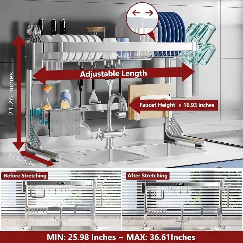 2 Tier Full Stainless Steel Storage Adjustable Length (25.98'' to 36.61'') Kitchen  Over Sink Dish Drainer Drying Rack,