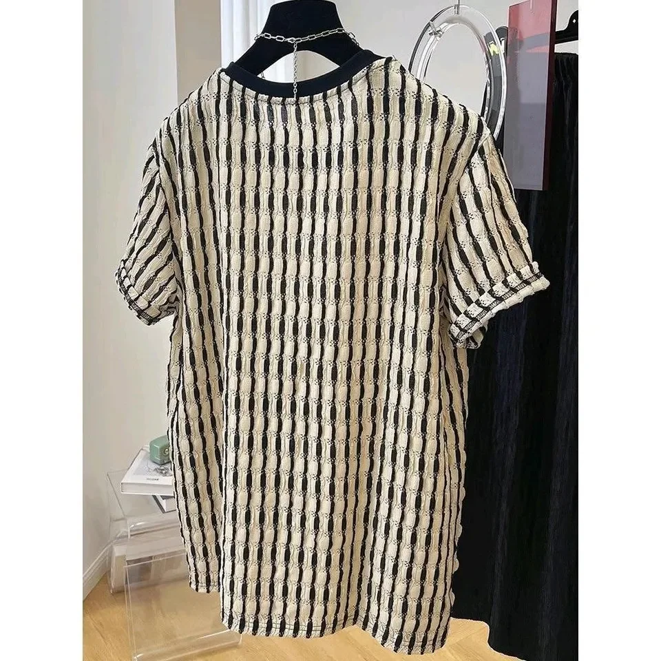 2025 Summer New Fashion Men's Casual Trendy Loose Black White Short Sleeve O-neck Undershirts Male Clothes T-shirts Striped Tops