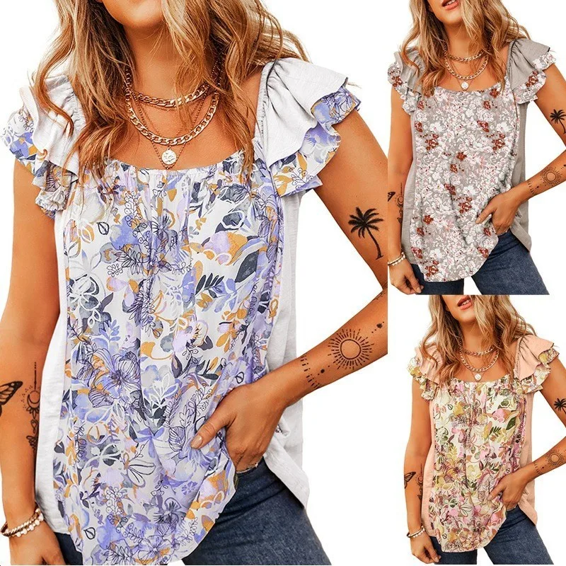 

Women's Blouses Tank 2025 Summer Pleated Ruffles Short Sleeve Boho Floral Print Vest T-Shirt Top Women Fashion Shirts Streetwear
