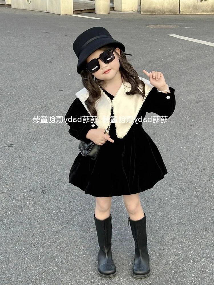 Dress Casual Dresses Korea Childrens clothing Girls velvet Flower bud skirt children Shawl collar Plush sweet simple