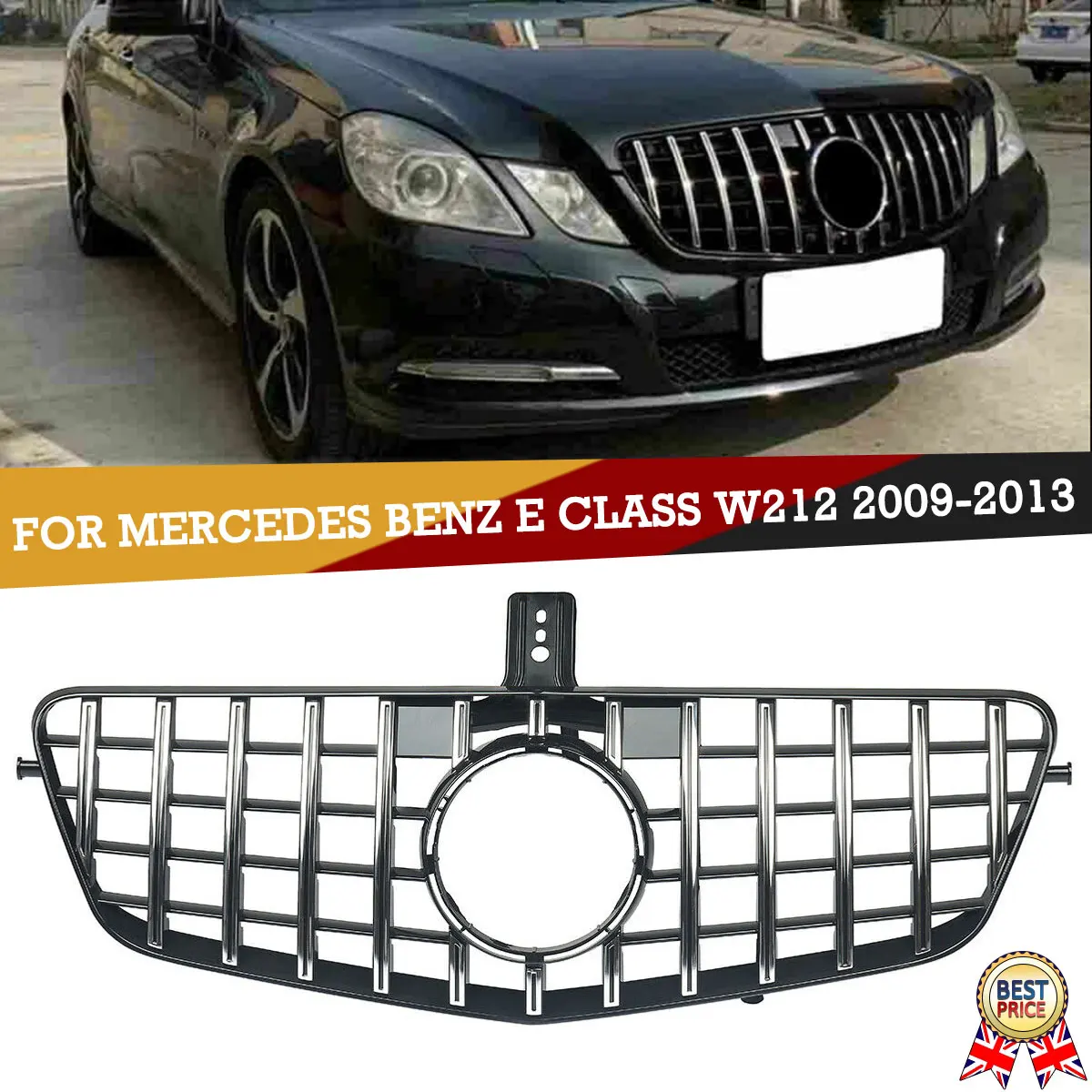 MAGICKIT FRONT GRILLE CHROME PANAMERICANA GT GTR STYLE Chrome Silver For Mercedes Benz E Class W212 4 Door 2009-2013 Accessories