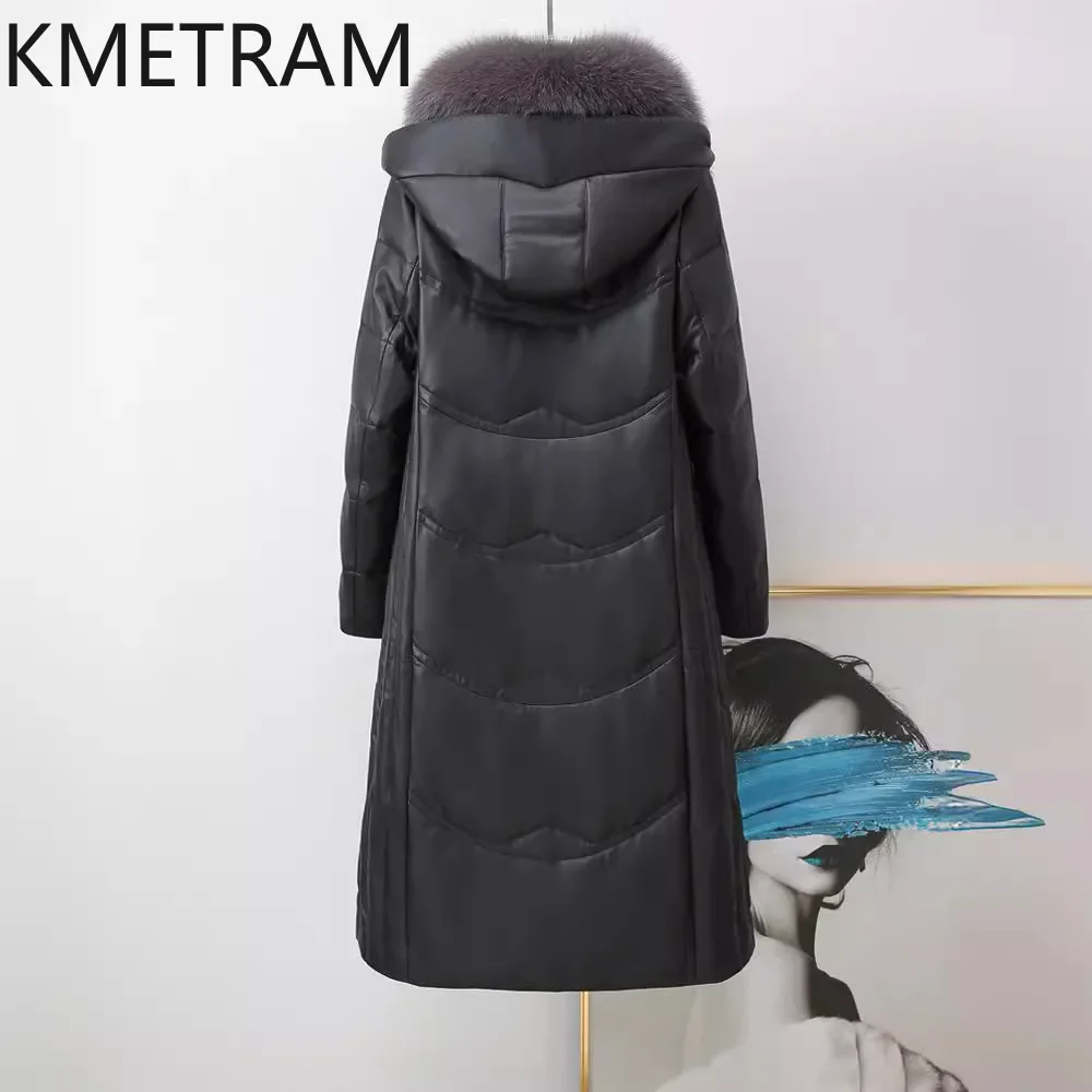 Echtes Schaffell Leder Daunenmäntel Damen Kleidung Fuchspelzkragen Pufferjacke mit Kapuze Winter Langer Mantel Frau 2024 вхок