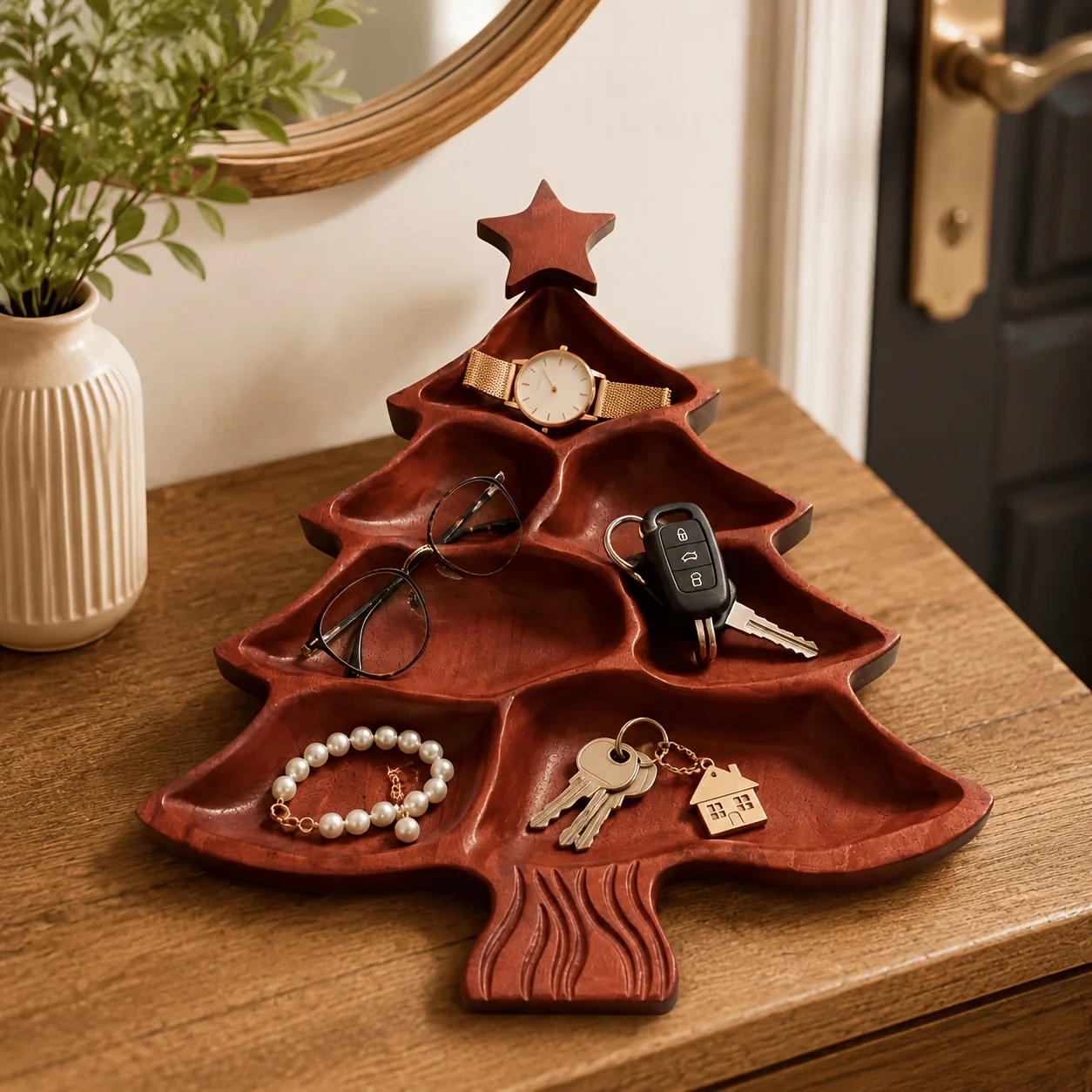 Tree Shape Wooden Jewelry Tray Multi Compartment Organizer Rings Earrings Necklaces Keys Watches Rustic Vanity Entryway Decor