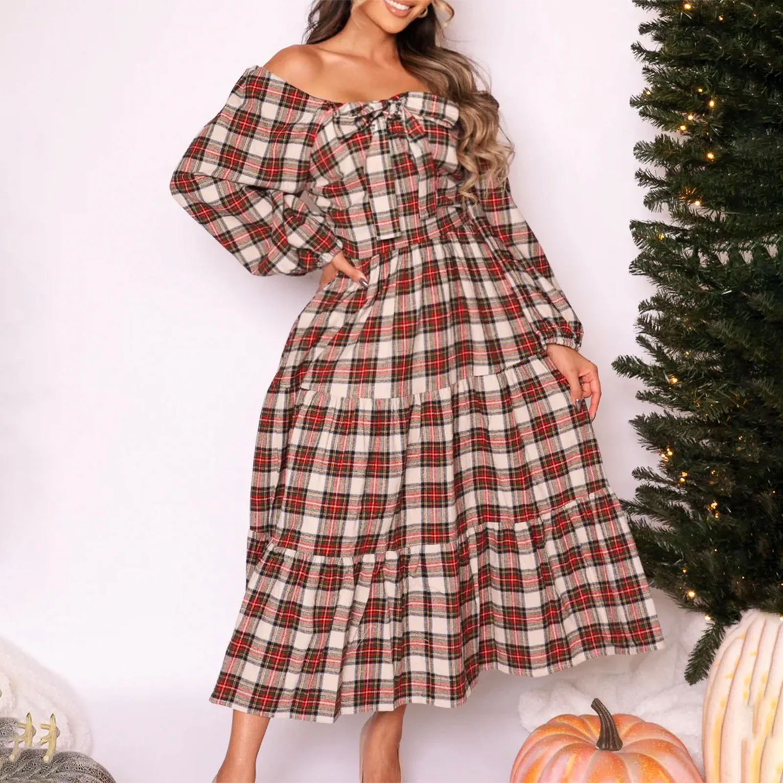 Imcute Long Sleeve Gingham Dress Bow Tie Checkered Milkmaid Fall Dresses Cottagecore Plaid Square Neck Boho Maxi Dress for Women