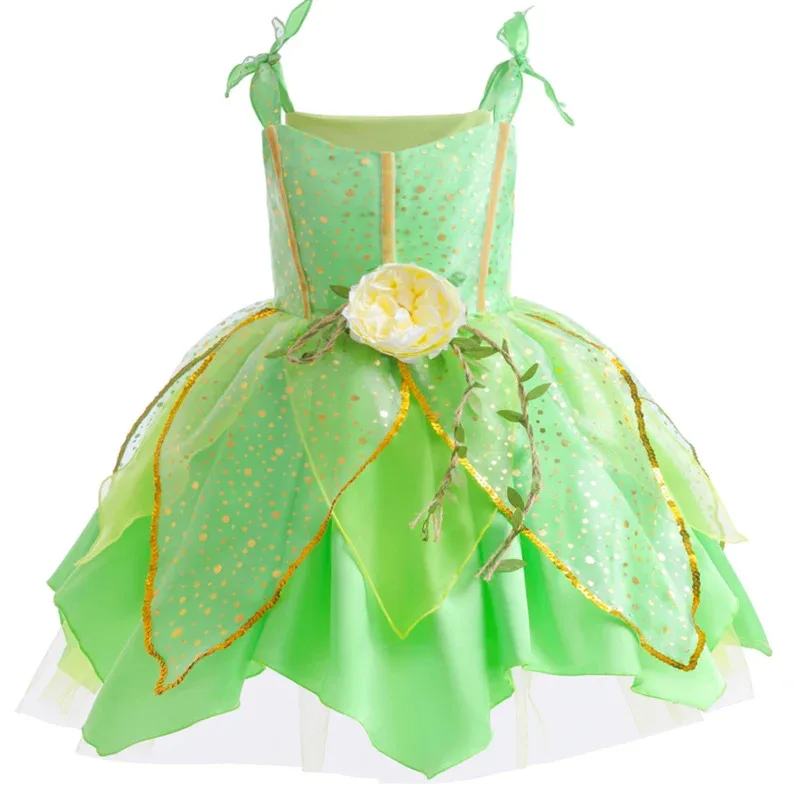 تينكر بيل فستان جنية طفلة الخيال الغابات قزم تأثيري حلي الاطفال الأخضر ليف بريق فساتين الطفل هالوين وتتسابق 2-10T #2