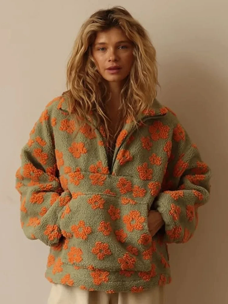 Blubelle جديد الخريف الشتاء المرأة شيربا الأزهار البلوز هوديس نصف البريدي نمط فضفاض صالح الدافئة أنيق البلوز #1