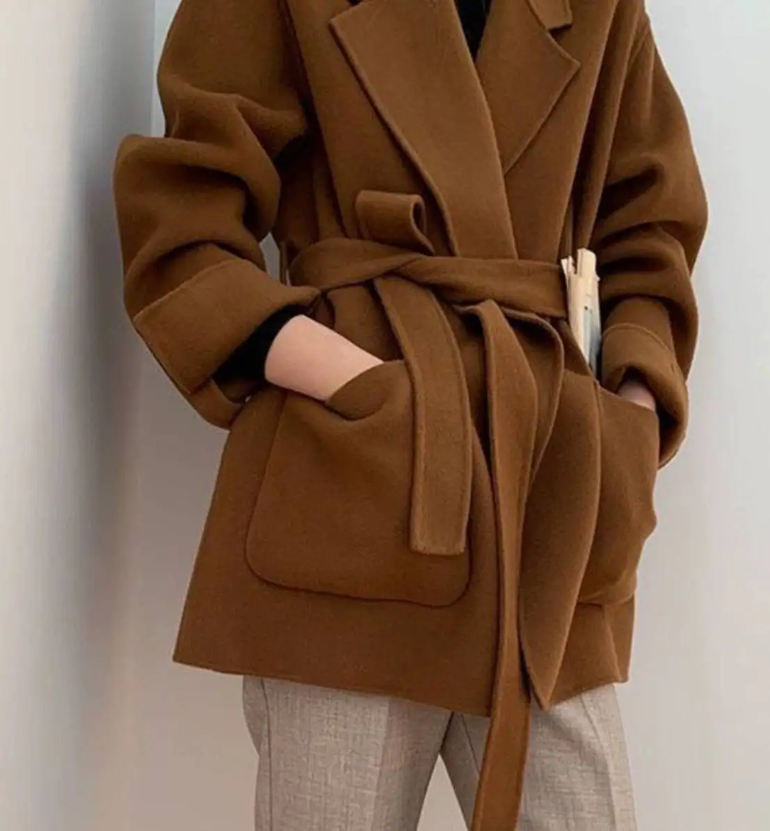 

Wool Blend Coats Womens Woolen Coat Korean Style Woman Autumn Flannel Herringbone Drawstring Button-Up Double-Layer Elastic Chic