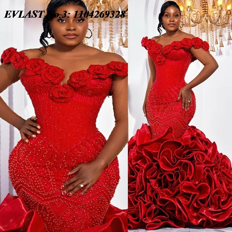 

EVLAST Customized African Red Mermaid Prom Dress Floral Beaded Crystal Ruffles 2026 Evening Party Gown Robe De Soirée E3P532
