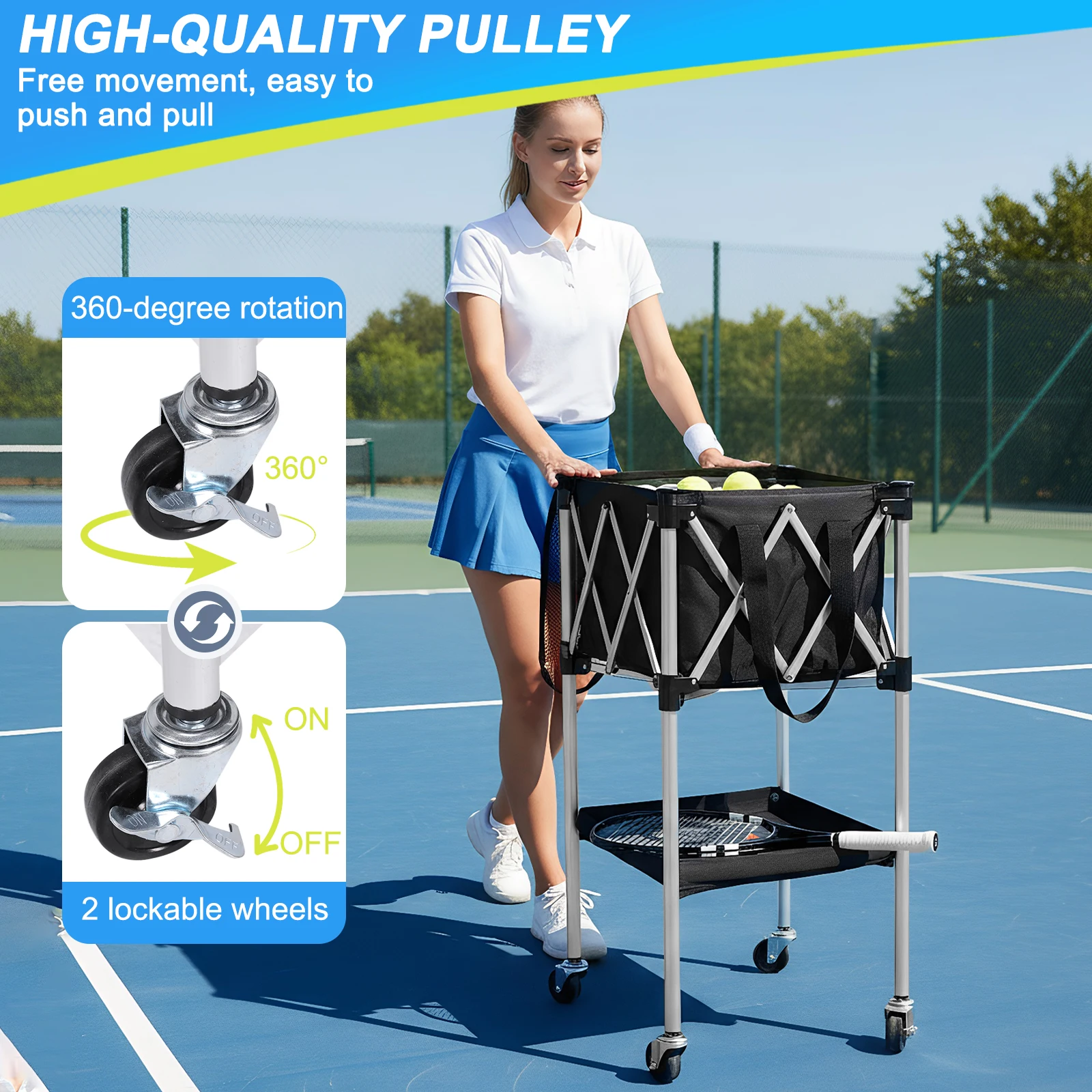 

Portable Pickleball Baseball Hopper Basket Foldable Sports Teaching Cart with Wheels with Storage Bag for Serve Training