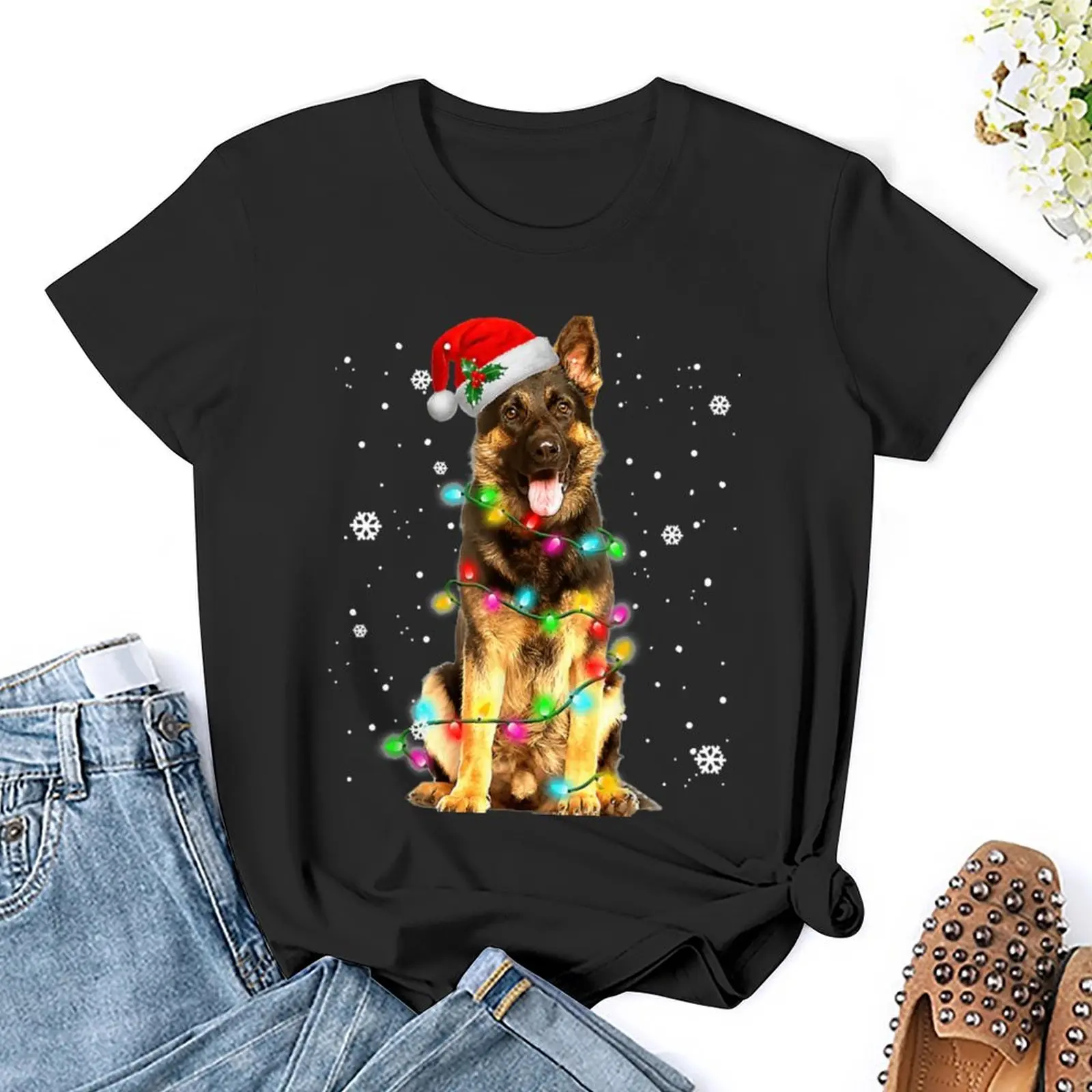 German Shepherd Dog Tree Christmas Sweater Xmas Dogs T-Shirt tops oversized womans clothing