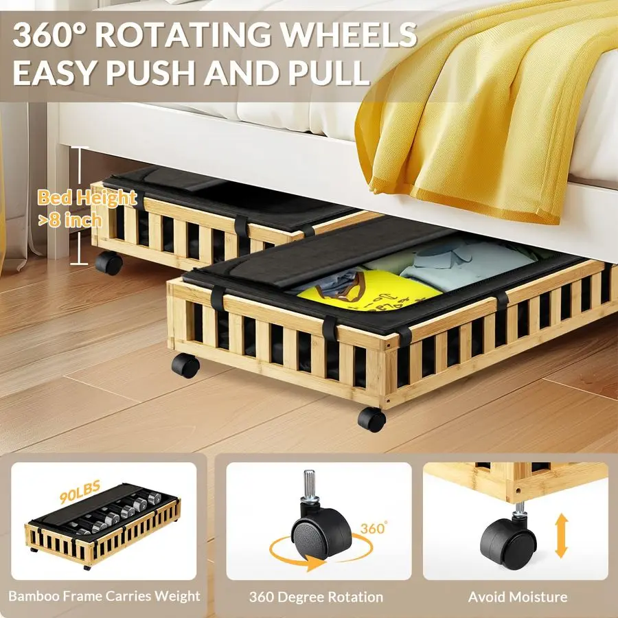Pack Bamboo Under Bed Storage with Wheels, 39x20x7.8 Lager Under Bed Storage Containers Natural