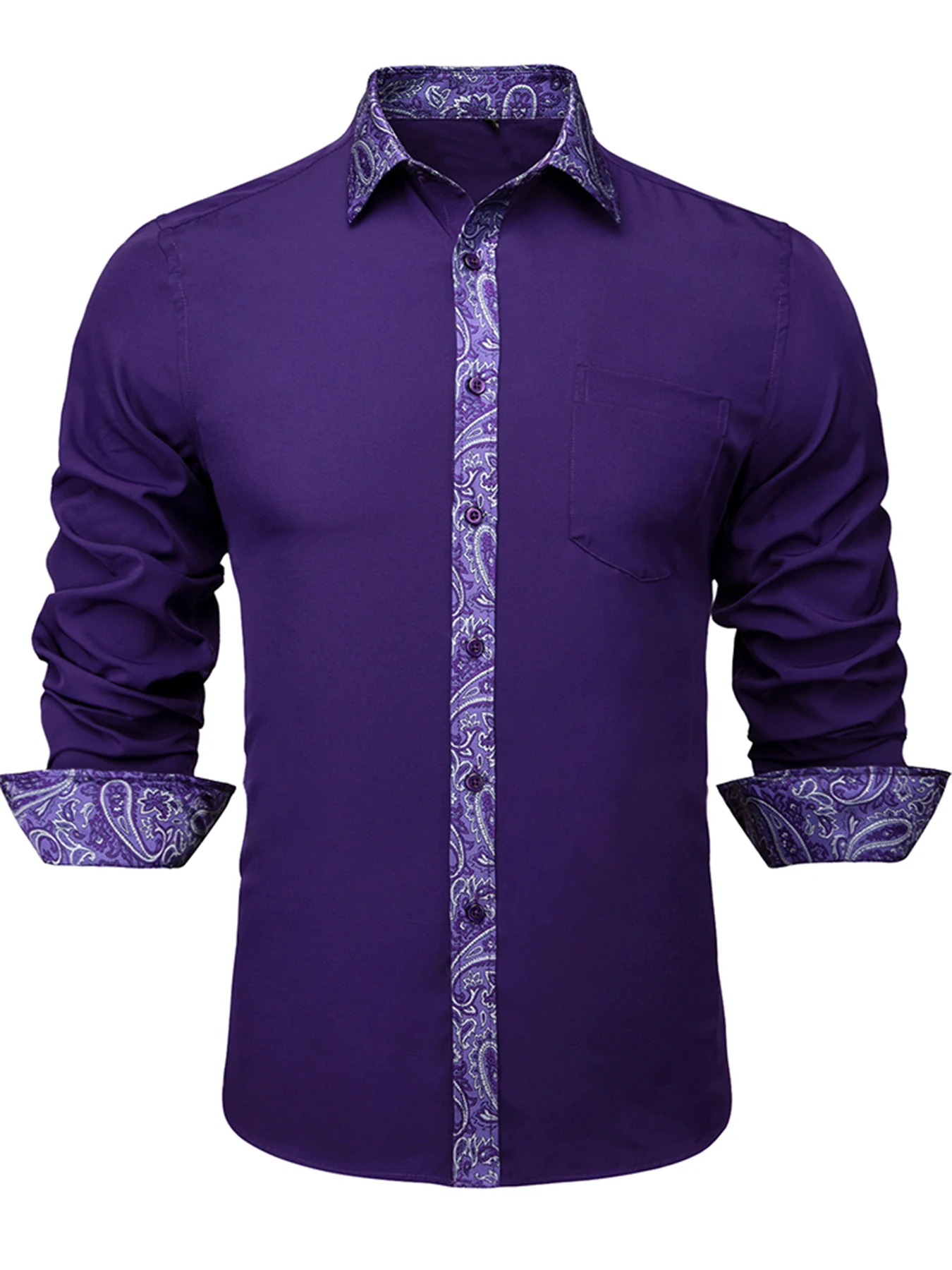 Camicia casual da uomo d'affari alla moda con colletto viola e motivo jacquard paisley, adatta per gite e feste casual