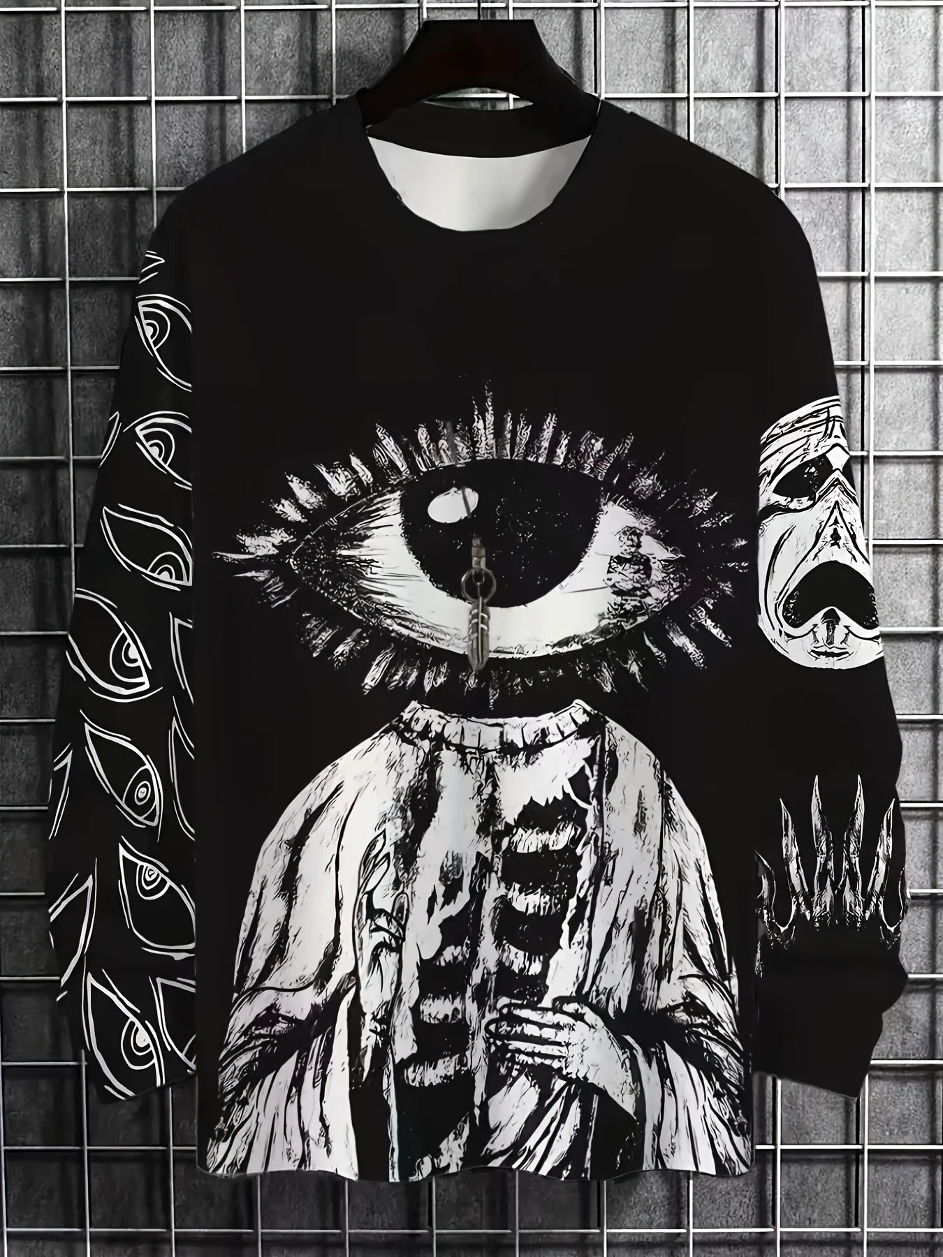 Men Long Sleeve T‑Shirt Occult All‑Seeing Eye Skeleton Sketch Print Crew Neck Gothic Dark Street Tops