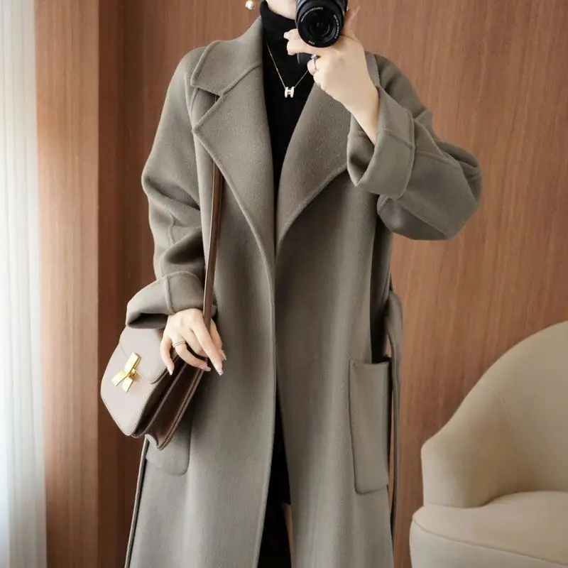 

2026 Women's Wear 100% Wool Coat Autumn/Winter Fashion Temperament Double sided Cashmere Coats with Belt Elegant Long Overcoat