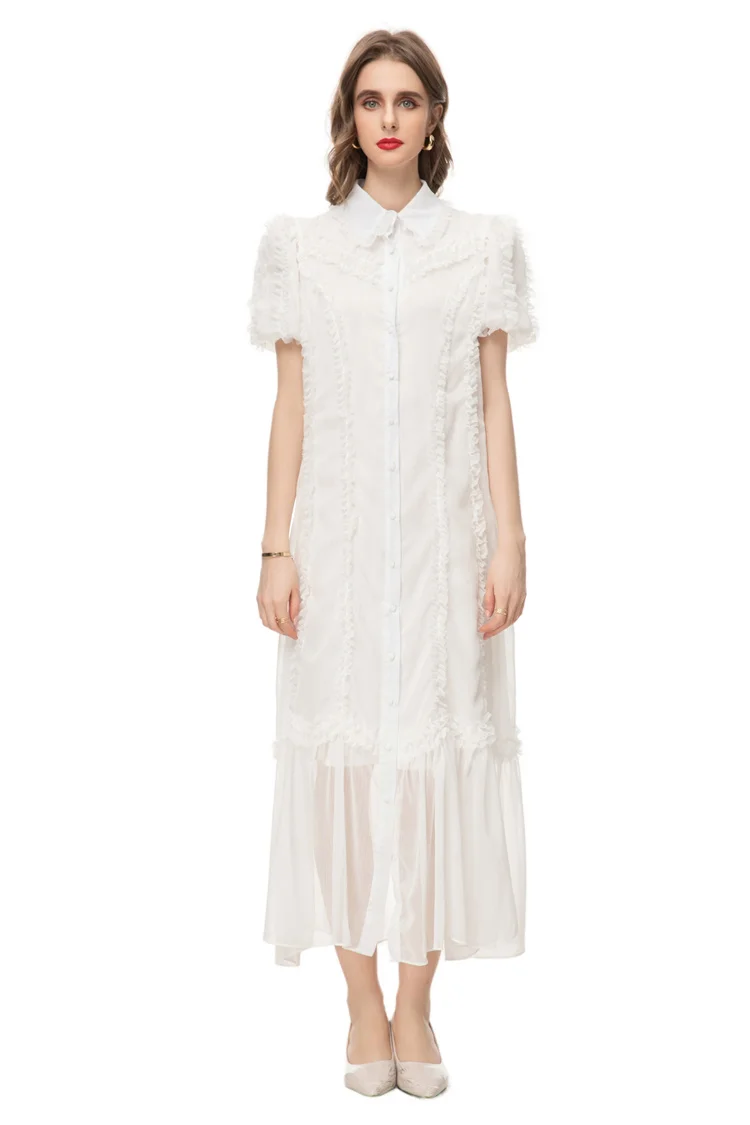 Summer White Dress party night Women's Lapel Single-breasted Belt Splice Transparent Striped Chiffon Long Dress